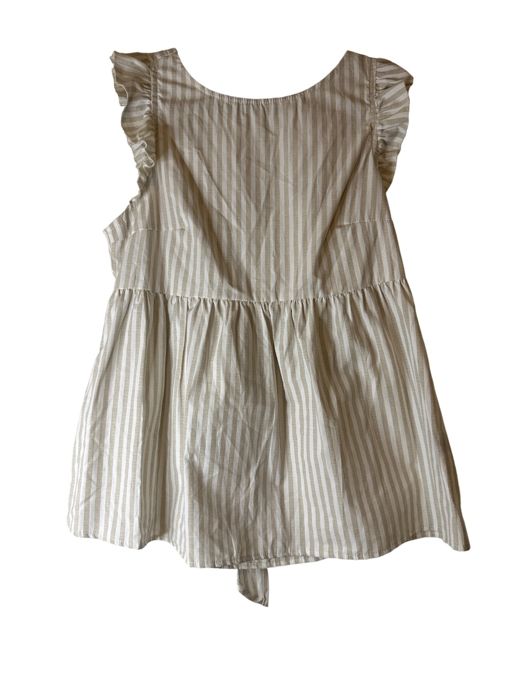 SHEIN Tan & White Striped Ruffle Sleeve Peplum Top, size M